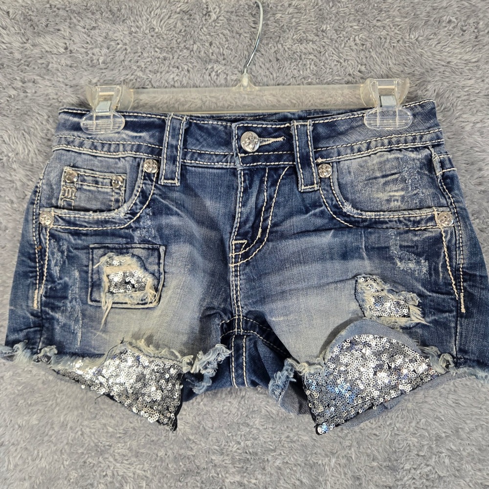 Miss Me Signature Shorts Sequin Distressed Denim Cut Offs JP8440H Blue Size 25